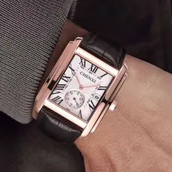 Top Luxury Brand Square Mens WristWatches Unique Design Rose Gold Calendar Stop Watch Genuine Leather Quartz Business Male Clock