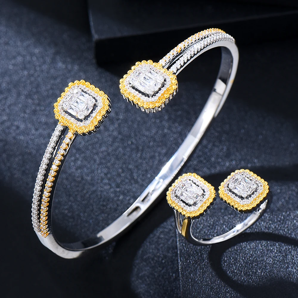 GODKI hiphop Bicolor Square 2 Rows Bangle Ring Set Jewelry Set For Women Wedding Party Cubic Zircon aretes de mujer modernos