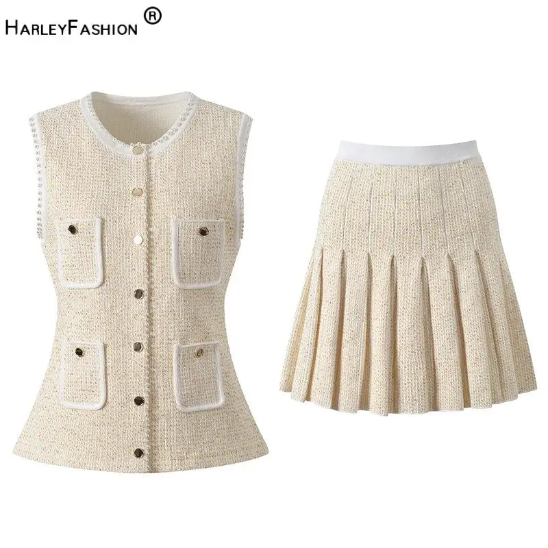 

2025 Elegant French Style Beading Summer Lady Vintage Brief O-Neck Sleeveless Cardigan Pleated Mini Skirt Women Knit 2pcs