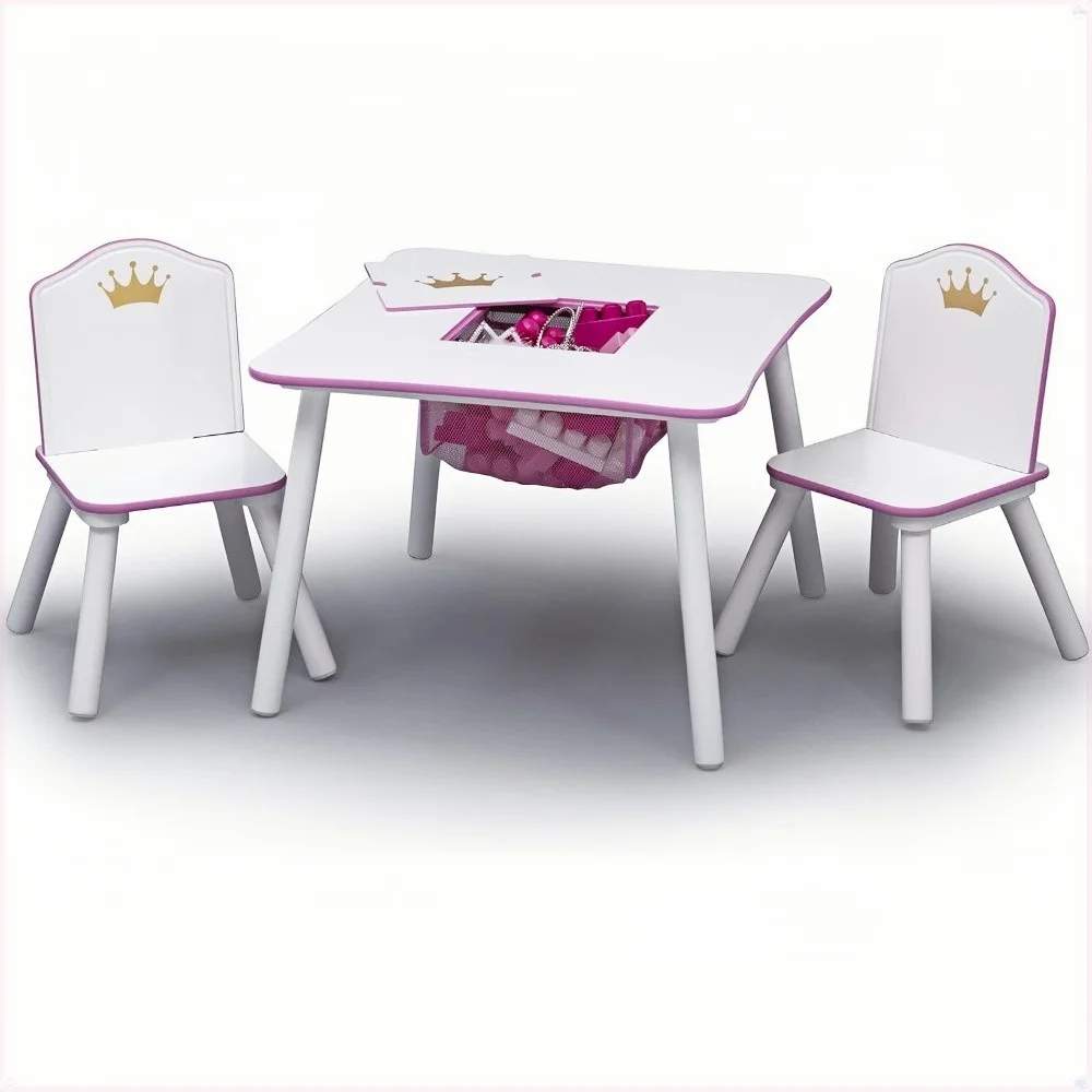 

Princess Crown Children's Wooden Table and Chair Set with Storage Space - Certified, White/Pink