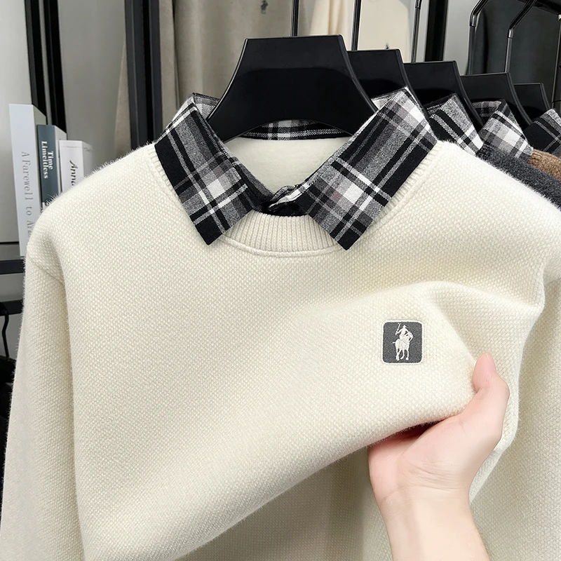 

2025 Мужские осенние и зимние свитера из искусственного меха ларета с толстым мехом и теплым вязаным основанием