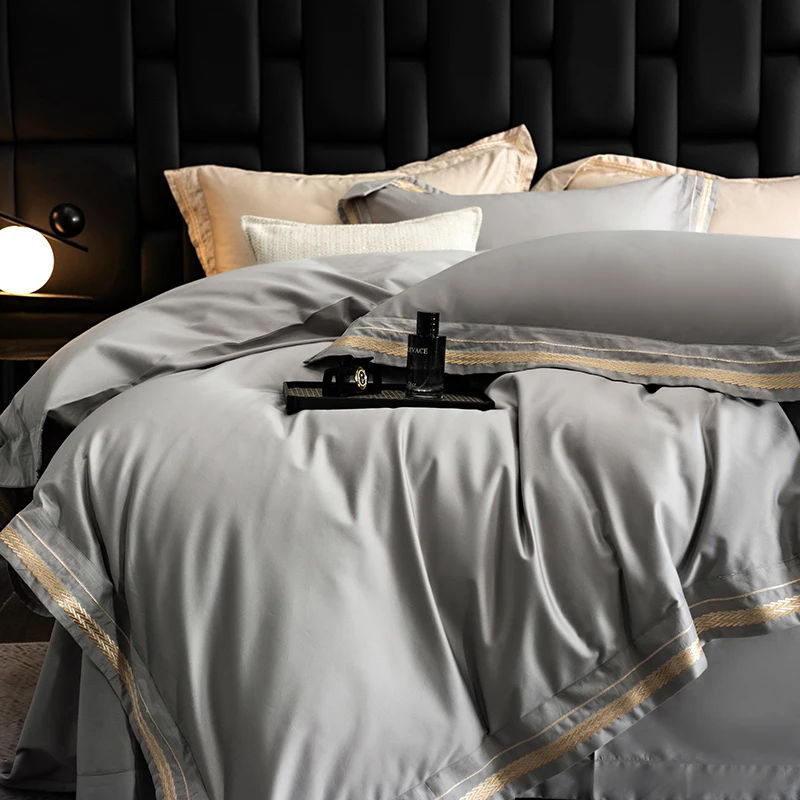 

600T Egyptian Cotton Luxury Gold Embroidery Wide Edge Solid Color Bedding Set Duvet Cover Flat/Fitted Bed Sheet Pillowcases 4Pcs
