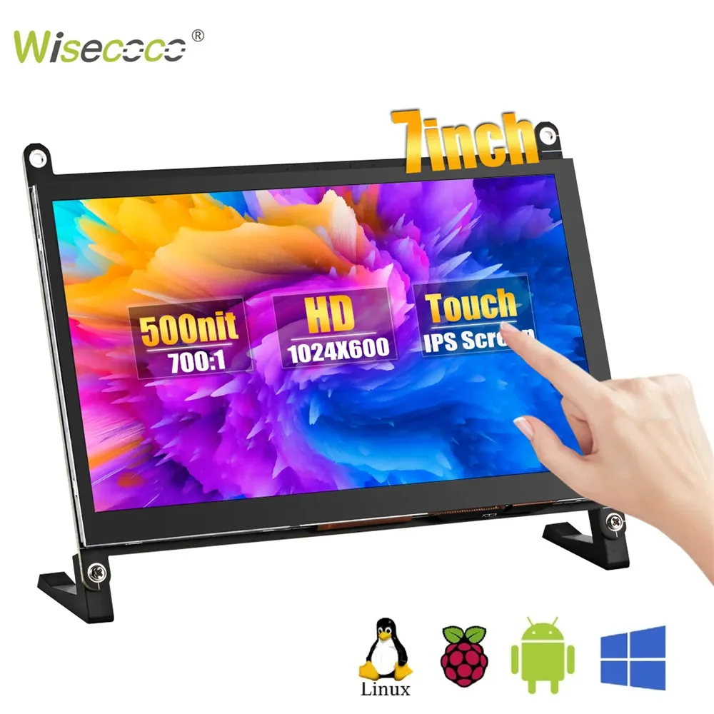 Wisecoco-Monitor táctil para Raspberry Pi 5 4 BB, pantalla de 7 pulgadas IPS 1024x600, HDMI, 500nit, brillo, color negro, Banana Pi, Windows