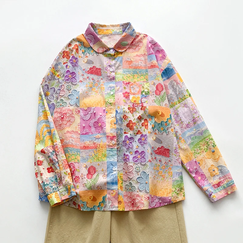 ربيع 2025 المرأة فضفاضة تناسب طويلة Sve القطن الخالص irt عادية خمر النفط اللوحة طباعة تنوعا ملابس مكتب مريحة