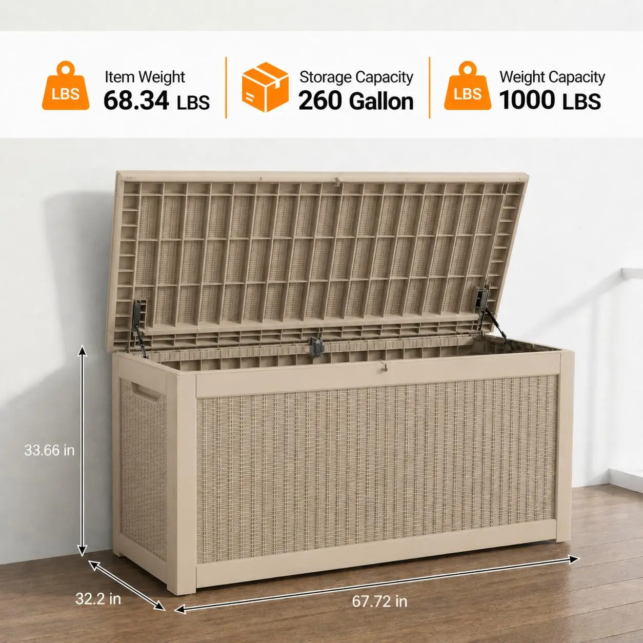 260 Gallon XXXL Outdoor Deck Box, Waterproof Resin Storage Box Bench with Lock, Large Patio Cushion Storage, Garden, Customized