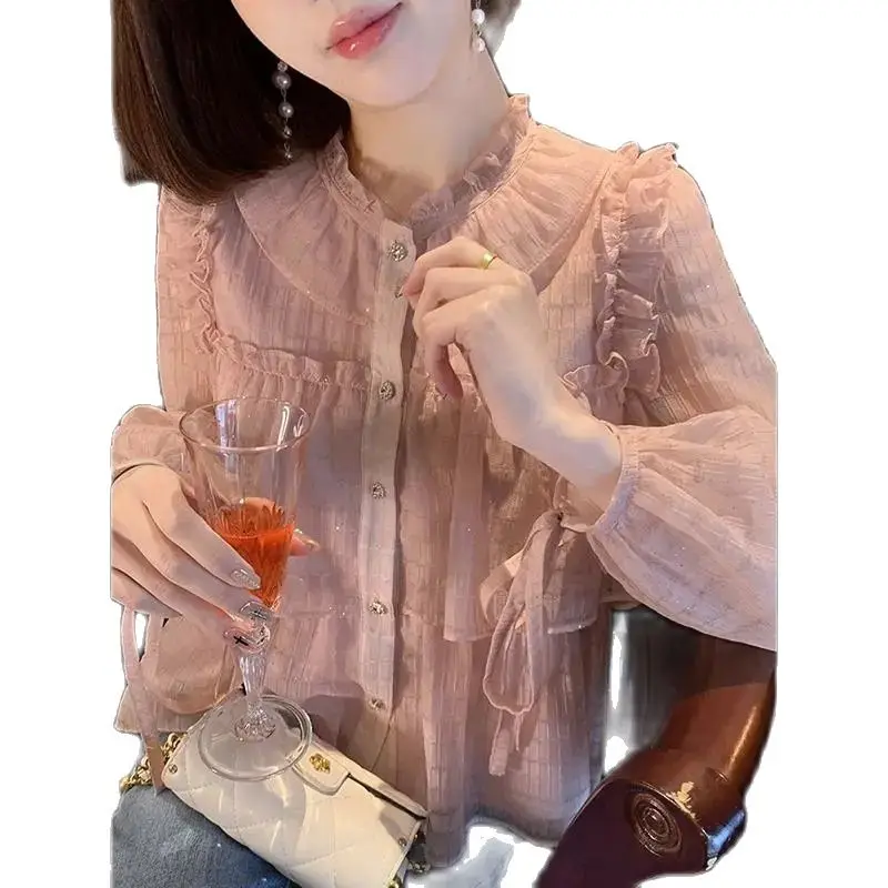 

Temperament Chiffon Shirt Girl Spring/Summer 2022 New Fungus Side Long Sleeves Shirt High End Socialite Cover Belly Show Thin Ms