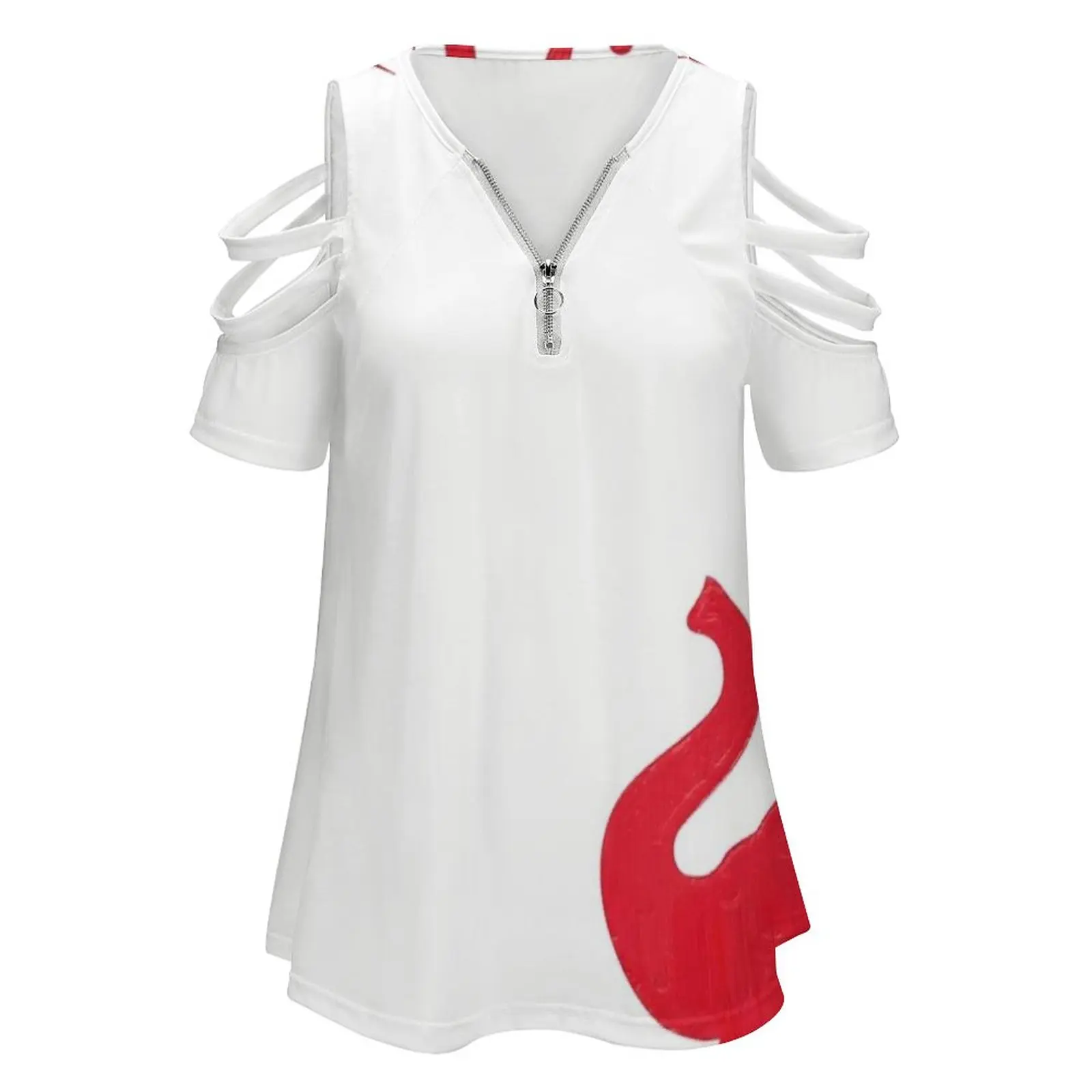 The 1913 Collar By Heavennezcree Women's T-Shirt New Fashion Printed Zipper V-Neck Short Sleeve T Shirts Casual Plus Size Red