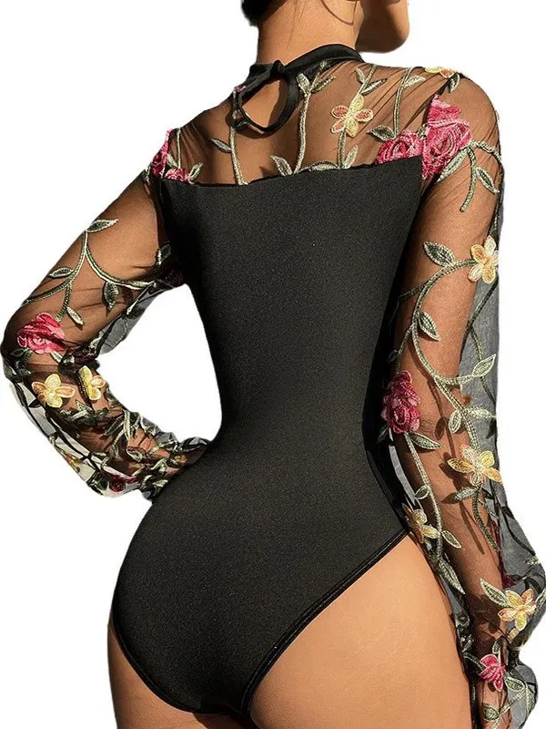 Body damskie z haftem, prześwitujące, z wycięciami, seksowne, dopasowane, jednoczęściowe, z wysokim stanem.