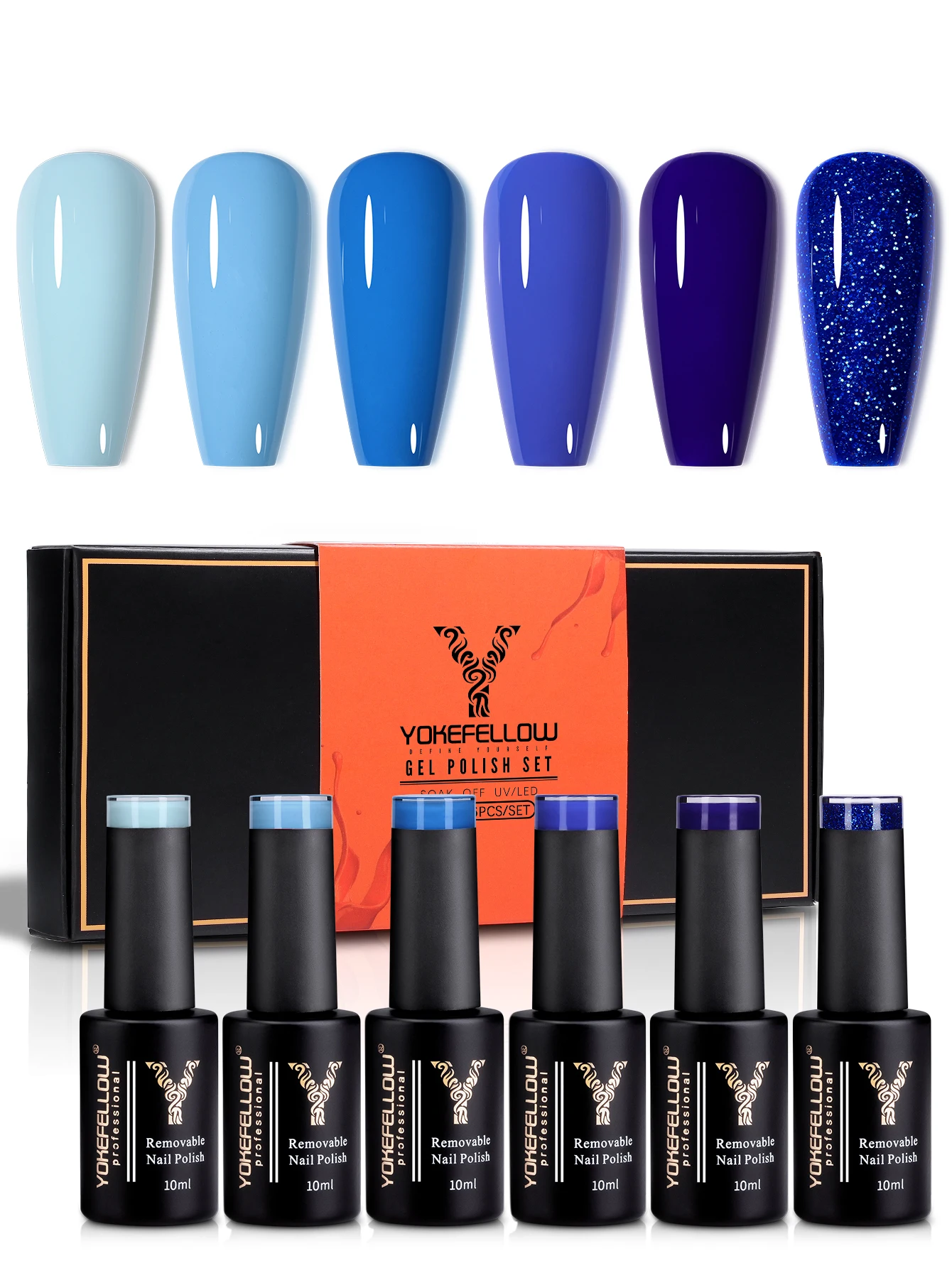 YOKEFELLOW Gel Nail Polish Set 6PCS 10ml Royal Blue Rich Pigment Soak Off Low Odor Long-Wear Gel Varnish Professional Manicure