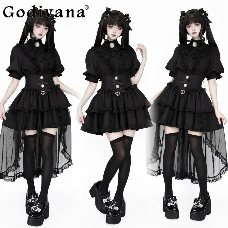 

Japanese Gothic Short-sleeved Shirt + High-waisted Fishbone Trailing Skirt 2-piece Set Summer Subculture Mine Womens Outifits