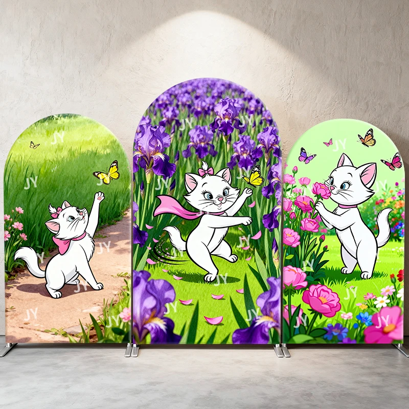

Marie Cat Arch Backdrop Cover Iris Butterfly Flower Scene Cartoon Theme Kids Birthday Baby Shower Photo Booth Decor Background