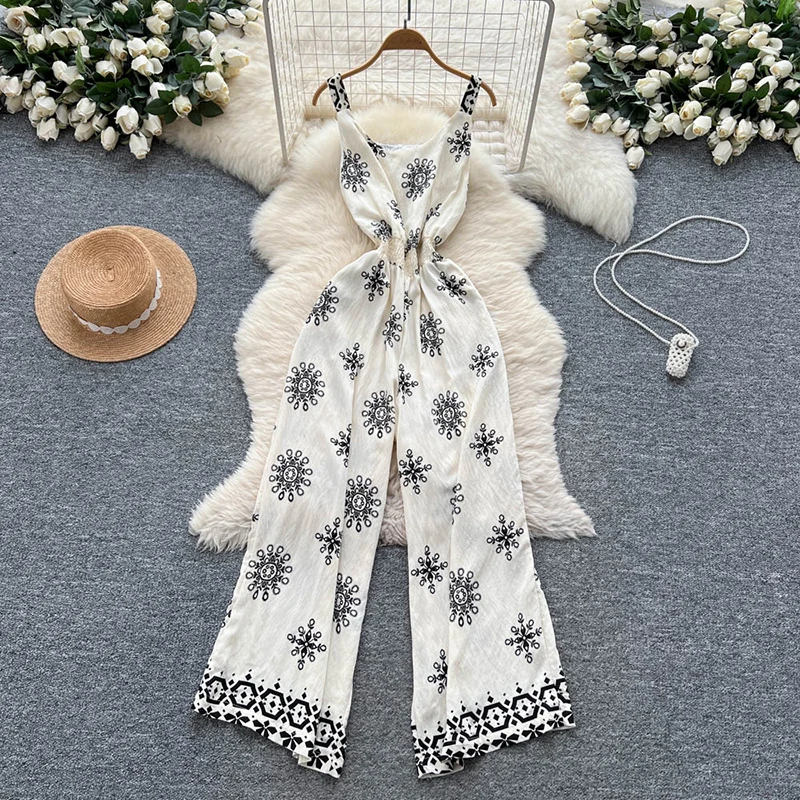 

Retro Ethnic Printed Sleeveless Camisole Jumpsuit Women's Summer New Fashion Sexy Elastic Waist Wide Leg Slim Fit Jumpsuit Y18
