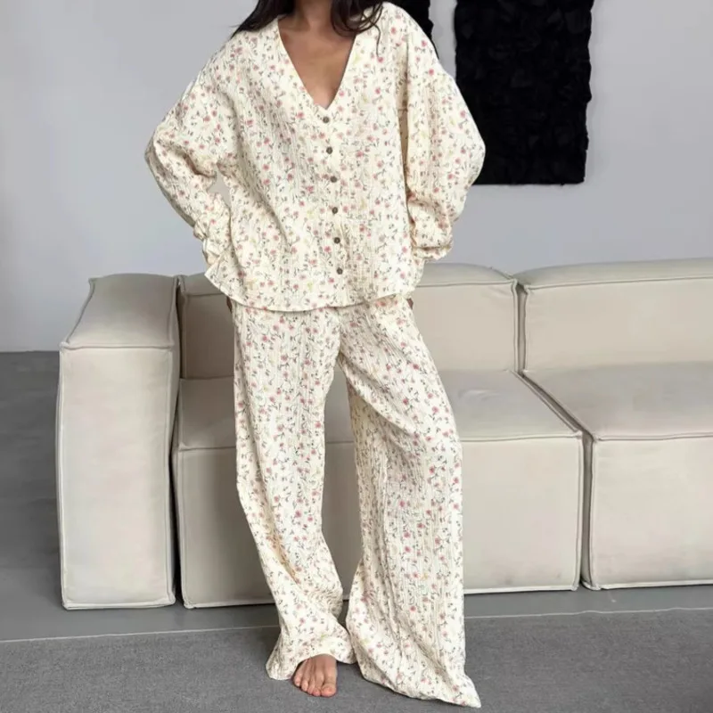 طقم بيجامة نسائي من نسيج القطن بنقشة الزهور وأكمام طويلة، سروال فضفاض مريح، مناسب للمنزل، ملابس يومية، نمط الخريف