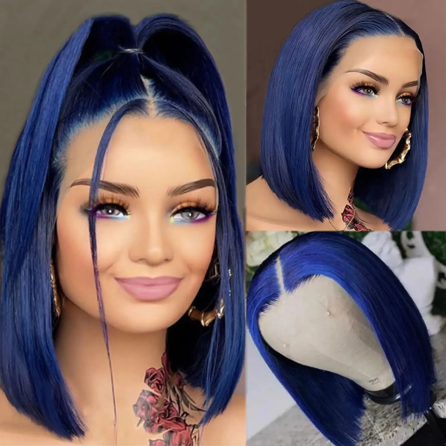 Perucas curtas de azul Bob para mulheres, perucas direitas da frente do laço, cabelo humano, renda 13x4 transparente, 100%