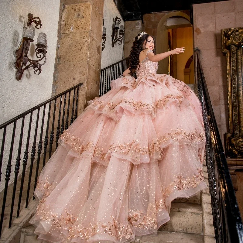 Angelsbridep-Robe de Bal Rose en Tulle et Dentelle Pailletée, Personnalisée, à Plusieurs Niveaux, avec Perles, pour ixd'Anniversaire