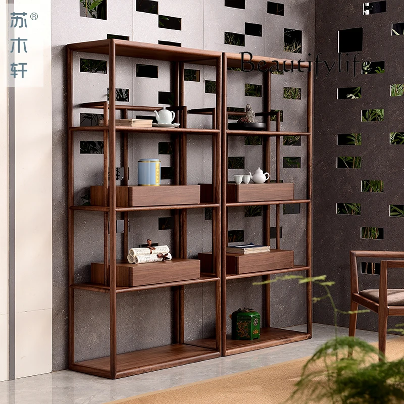 New Chinese Style Black Walnut Solid Wood Antique Shelf Modern Minimalist Bookcase Silent Style Duobao Pavilion