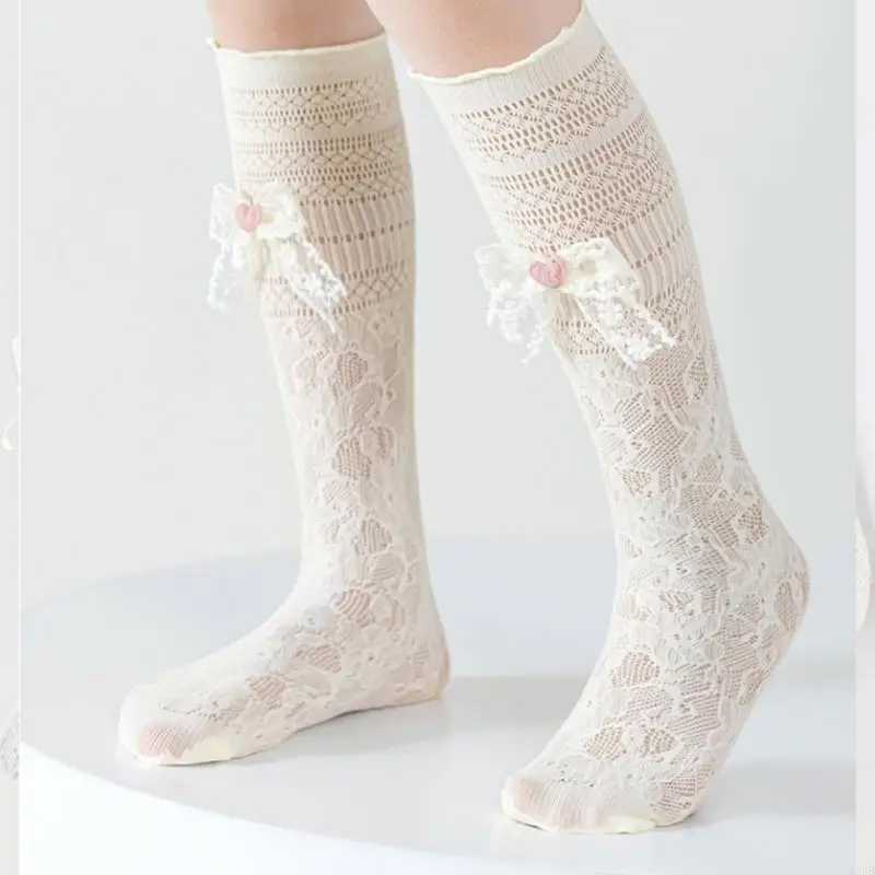 

Breathable Sweet Mesh Stockings For Girls Lace Embellished Over Knee Design Soft Fabric Stackable Socks A2UB