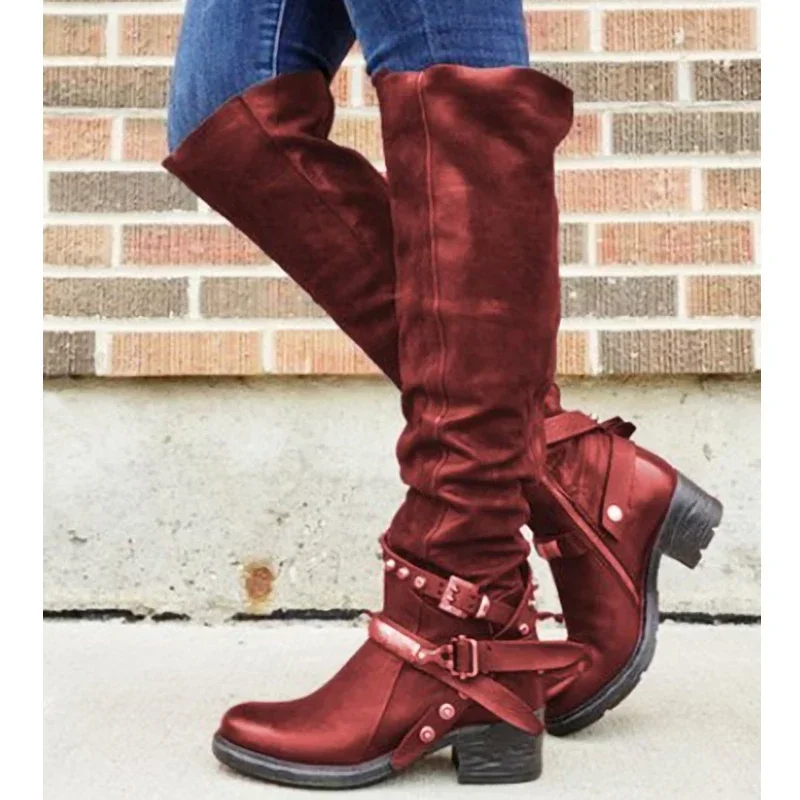 Women Winter Leather Punk style knee boots Vintage stud zip Women\'s boots with belt buckle Plus Size shoes