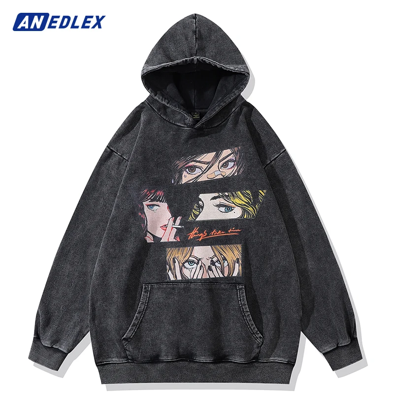 

Hip Hop Streetwear Men Vintage Black Hoodie Sweatshirt Japanese Anime Girl Eyes Graphic Hooded Pullover Harajuku Cotton Hoodie