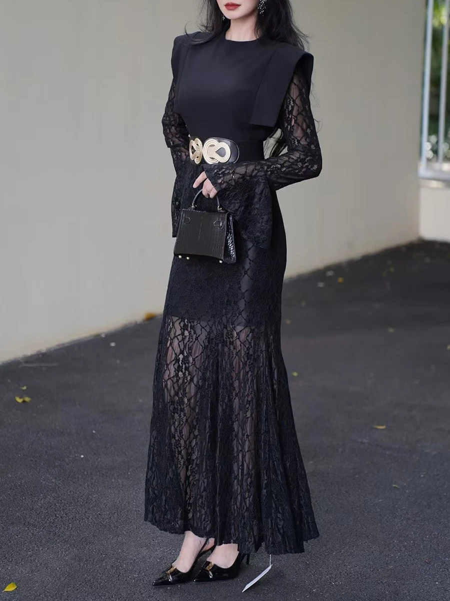 VGH Solido Elegante Temperamento Abito in Pizzo per Le Donne O Collo Manica Svasata Vita Alta Impiombato Maglia Trasparente Abiti Midi Stile Femminile