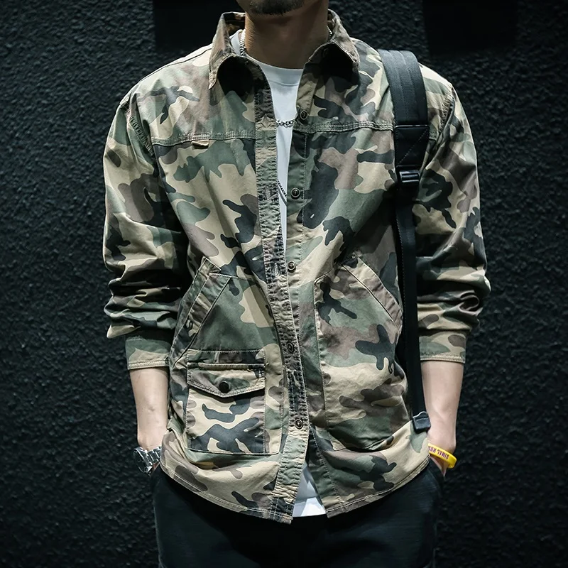 

Retro American Camouflage Long Sleeve Work Shirt Men Loose Casual Multi Pocket Jacket Autumn Spring Youth Fashion Outerwear