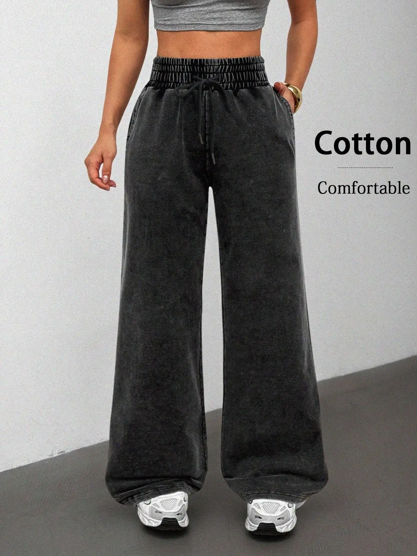 

Женские черные хлопковые спортивные брюки свободного кроя с эффектом потертости, широкие штанины, удобные