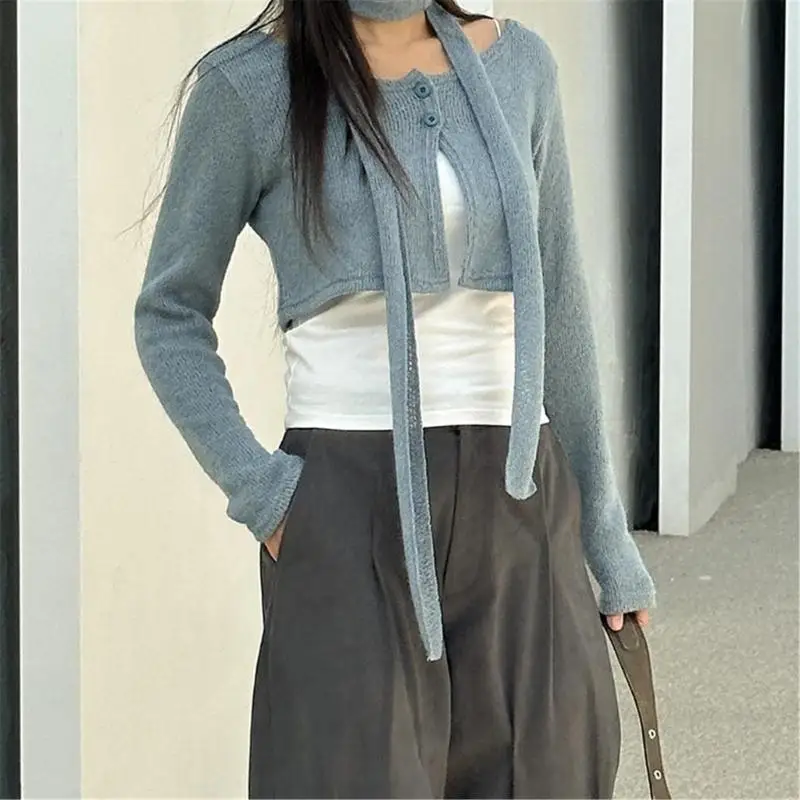 2025 New Women Fall 3 Pieces Sweater Long Sleeve Cropped Cardigan with Cami Top and Scarf