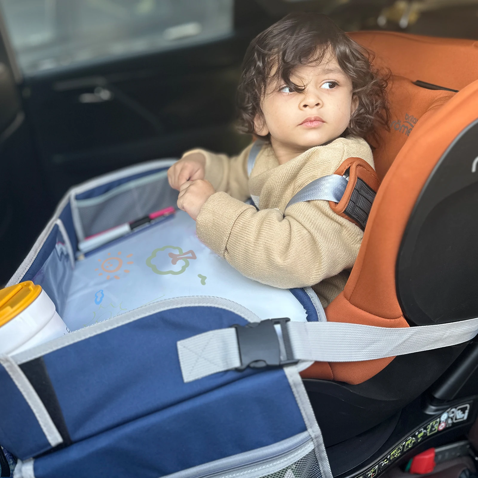 Bandeja de viaje para asiento de coche, asiento de seguridad, organizador de mesa de juego, almacenamiento de aperitivos, juguetes, portavasos, impermeable, cochecito para bebés y niños