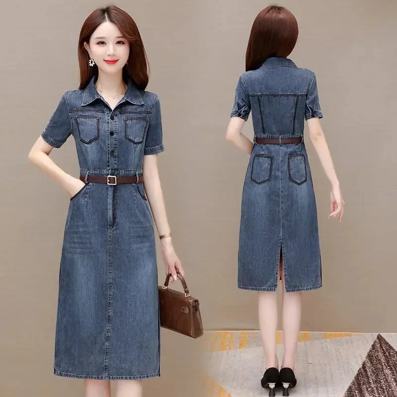 Polo Neck Denim Dress Women's Summer 2024 New Korean Version Slim Fit Retro Mid Length Commuter A-line Dress Female