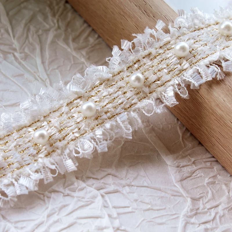 Tulle Lace Fabric Trim Ribbon, White Gold Flower Beads, Ruffle Applique, Collar, Dubai Dress, Guipure Decor, DIY Sewing