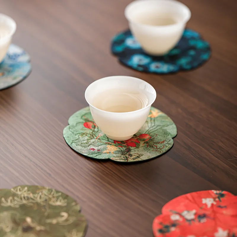 Guofeng Begonia Coaster Double-sided Small Solid Wood Refreshment Plate Mat Tea Mat Cloth Tea Tray Tea Saucer Mat Cover Bowl