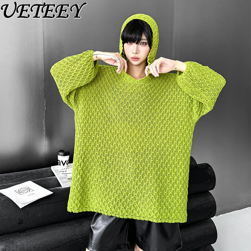 

Европейская станция, нишевый дизайн, модный вязаный свитер с капюшоном, осень 2023, свободный пуловер средней длины для женщин