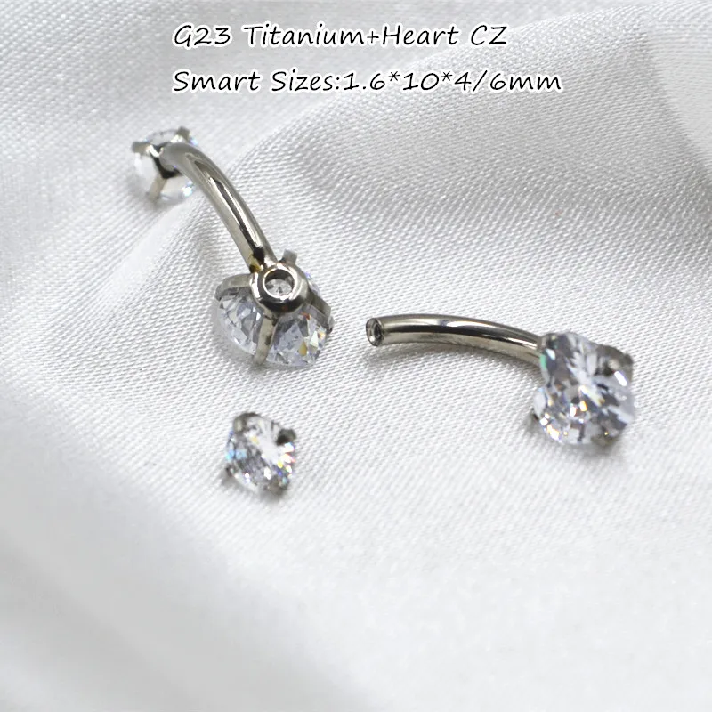 Lot10PCS Body Jewelry-G23 Titanium Heart CZ Smart Navel Belly Button Body Piercing 14Gx10x4/6mm Navel Curve Barbells Belly Rings