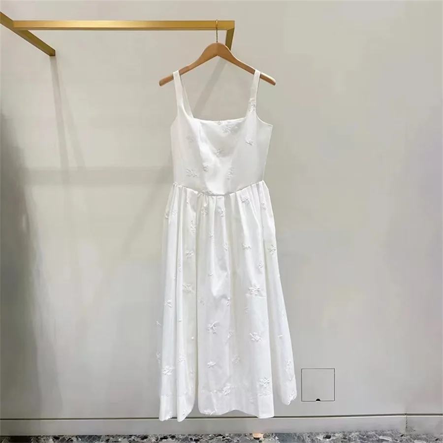 

Women white suspender dress embroidery sleeveless evening party midi robe 2025 summer new style dress