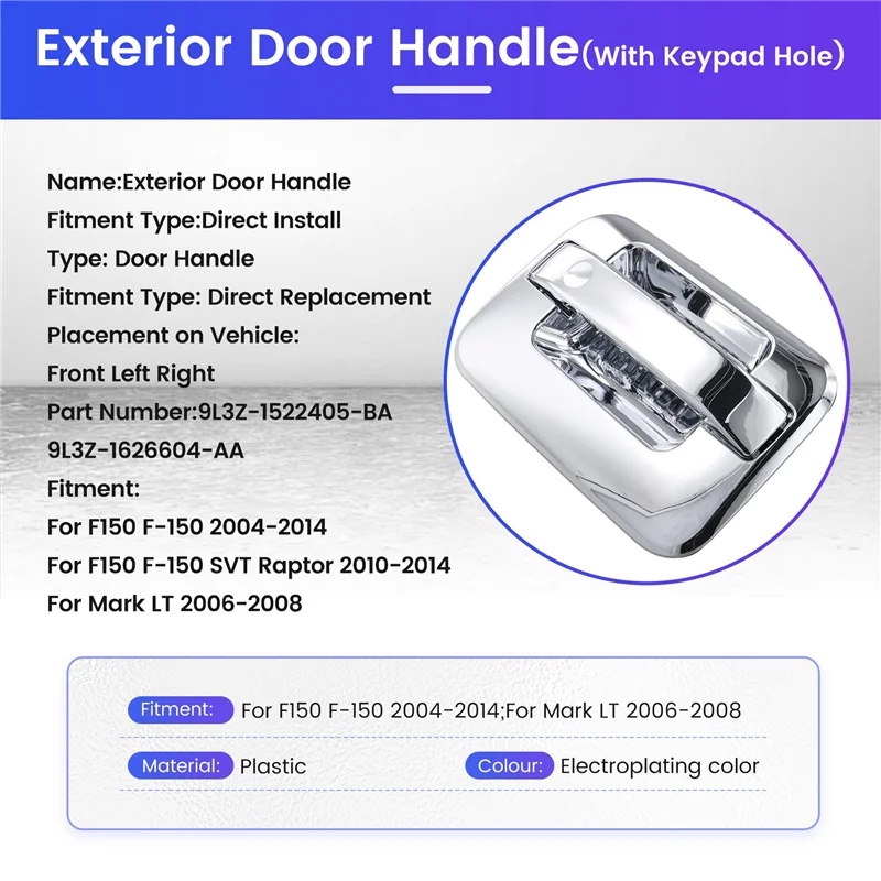 

Front Left Right Exterior Door Handle W/Keyhole/With Keypad Hole For Ford F150 2004-2014 9L3Z-1522405-BA 9L3Z-1626604-AA