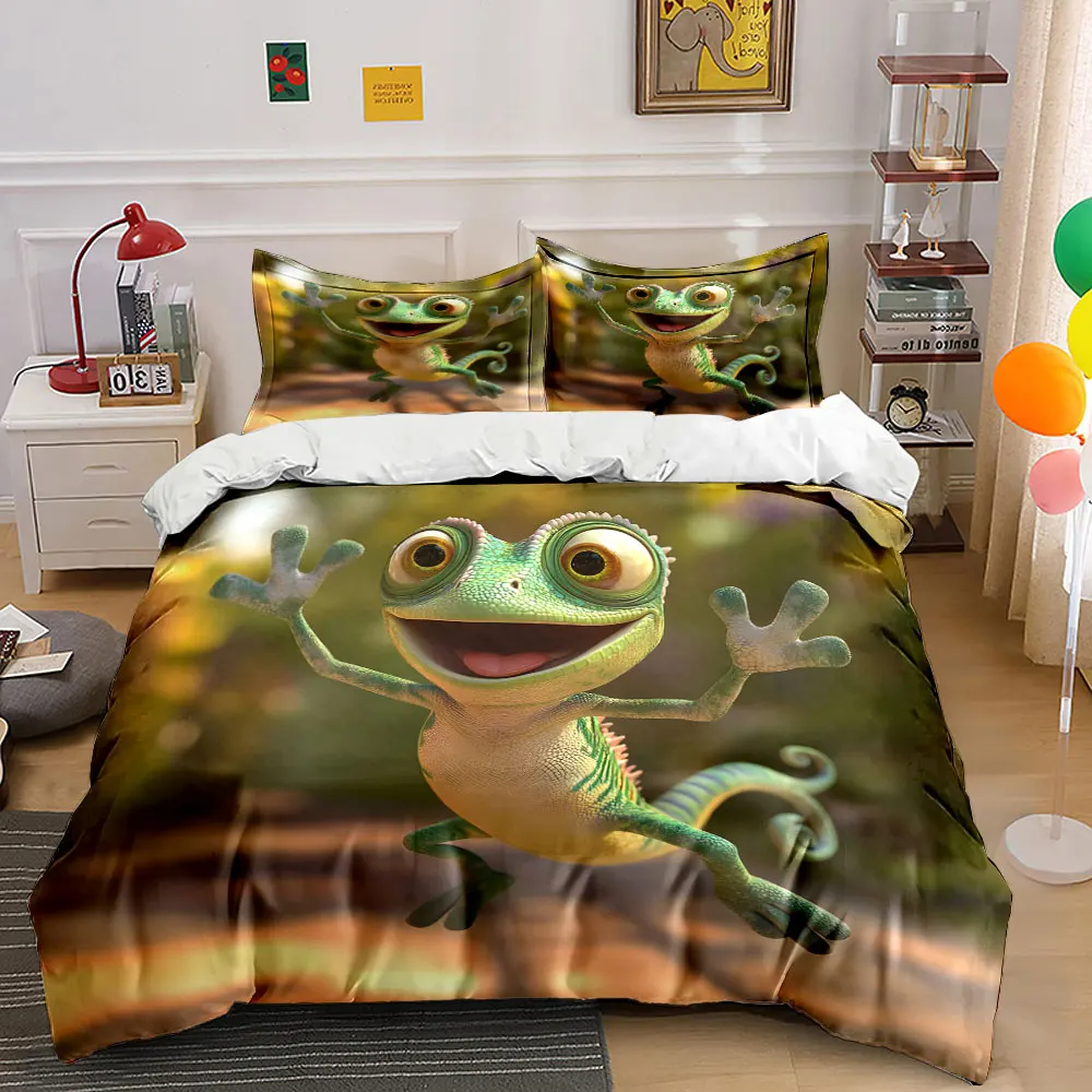 Cheerful jumping green cartoon chameleon Print Bedding Set 1 Duvet Cover 2 Pillowcases for Adult and Children Luxury Gift
