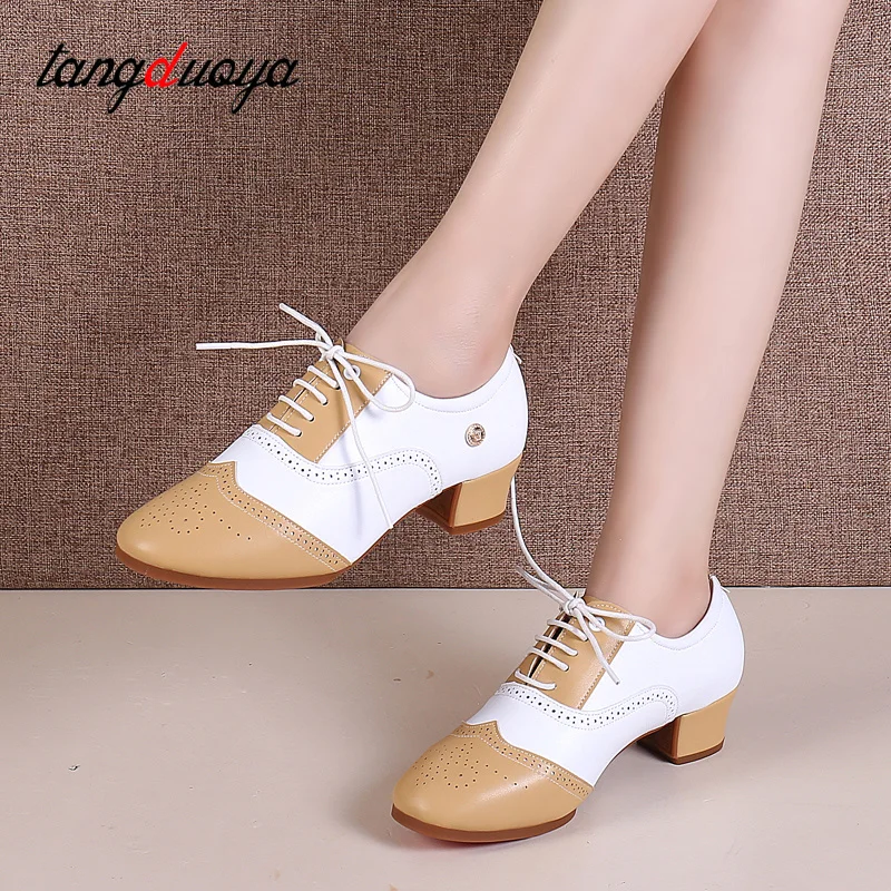 Leather Dance Shoes Adult Soft Modern Dance Shoes Women Square Shoes Teacher Latin Dance Shoe Sneakers Ballroom Dancing