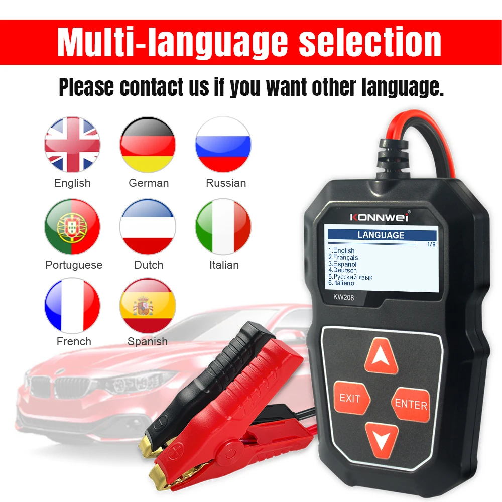 Factory Wholesale KONNWEI KW208 12V Battery Tester Car Electronic System Analyzer with 8 languages