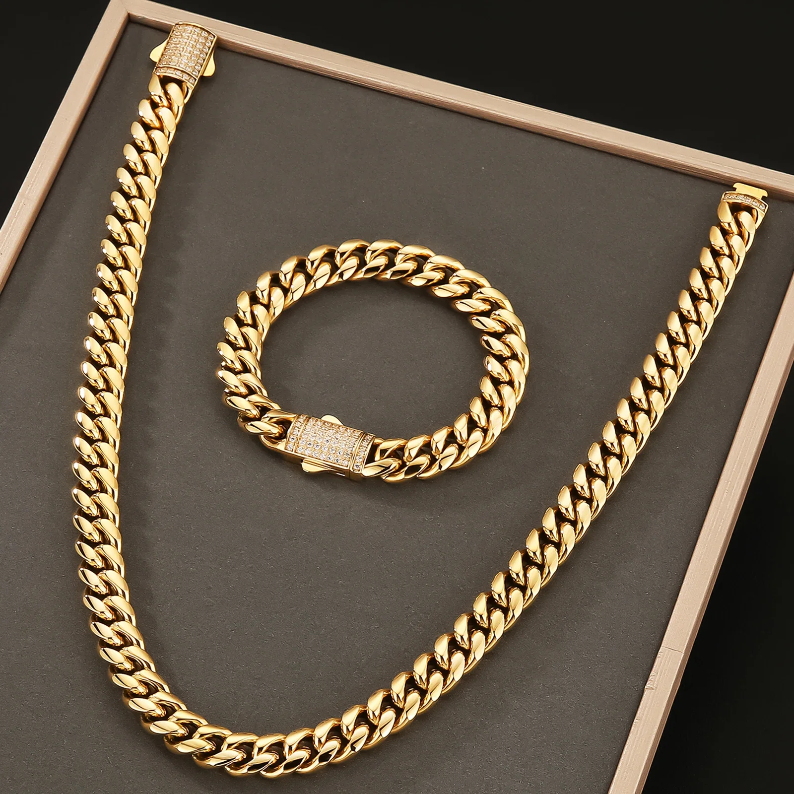 

12mm Double-sided Iced Out Clasp Necklace Hip Hop Jewelry CZ Diamond Women Bracelet 18K Gold Plated Miami Cuban Link Men Chain