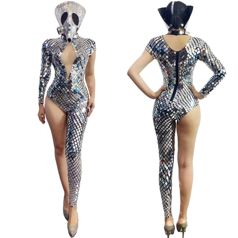 

Sexy Single Sleeve Leg Silver Lens Jumpsuit Skull Headgear Women Nightclub Ds Dj Pole Outfit Sparkly Mirrors Jazz Costume