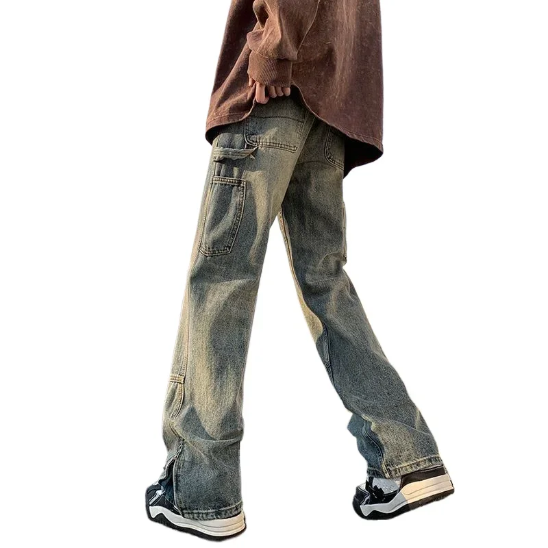 

American Splicing Zippesr Jeans Men's Spring and Summers Washed Old Retro Straight Pants High Street Vibe Wide-leg Trousers Tide