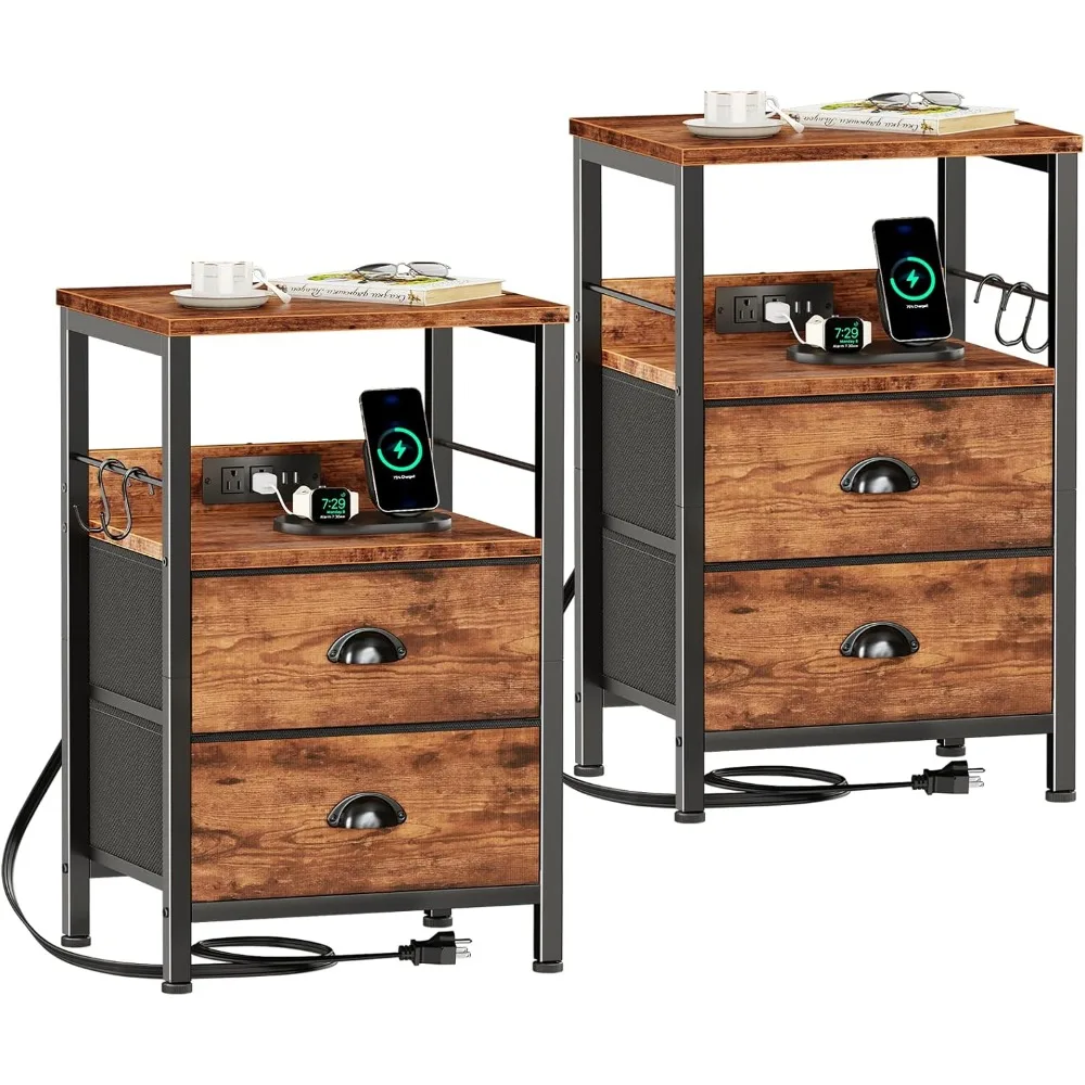 

Nightstand Set of 2, Rustic Brown, with Charging Station and USB Ports, Side Tables with 2 Fabric Drawers, Bedside Tables with