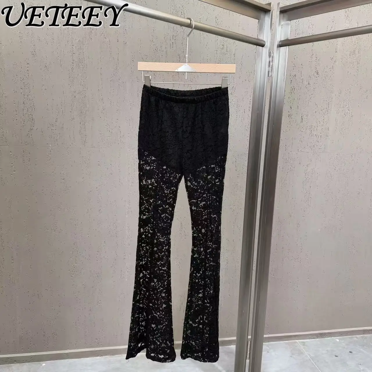 

Женские брюки весна-лето 2026: эластичный пояс, универсальные, повседневные, с кружевными вставками, утягивающие, черные, полупрозрачные, слегка расклешенные