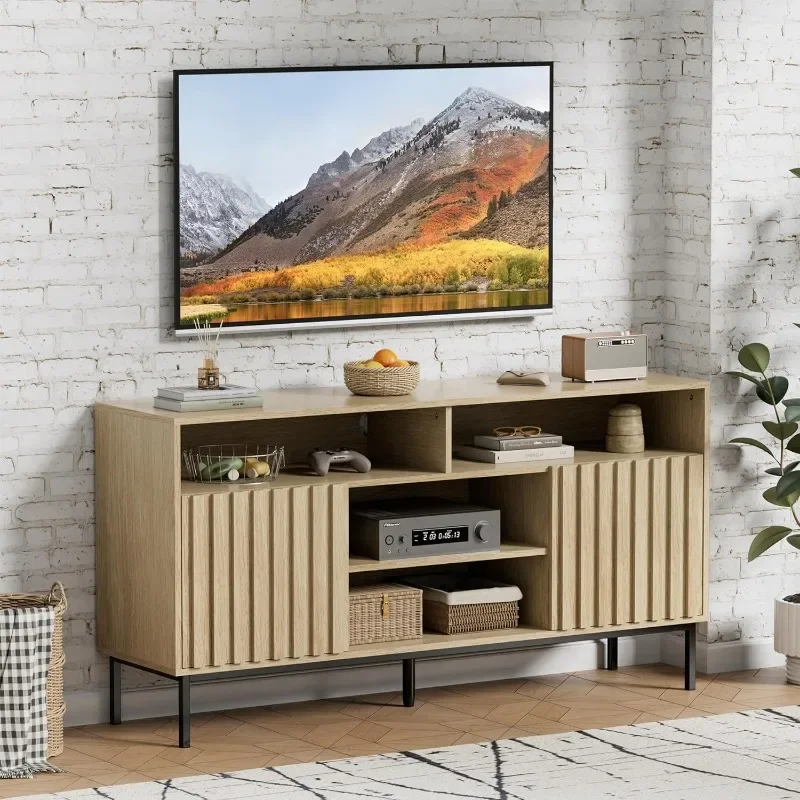 ZHENXIANG-Meuble TV moderne du milieu du siècle, meuble TV en bois naturel, support TV pour chambre à coucher, salon, jusqu'à 50 ", 55", 60/65"