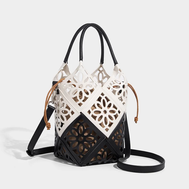 

Новинка 2025, женская сумка-мессенджер из воловьей кожи, полая тканая сумка, летнее ведро, повседневная сумка для покупок из внутренней ткани