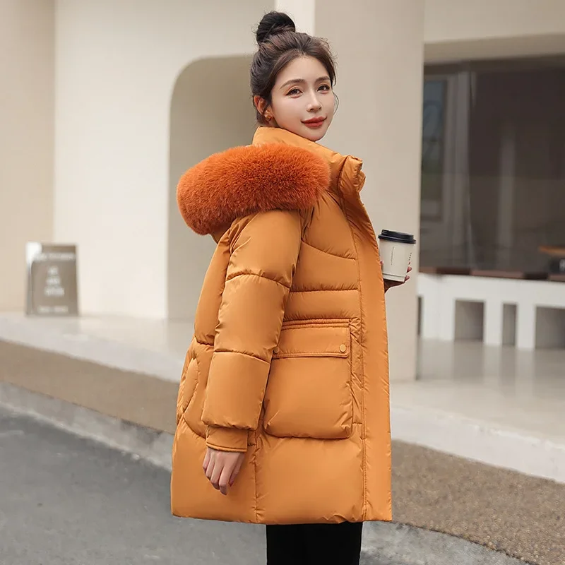 Parka grossa com capuz feminino com gola de pele, jaqueta grande, bolsos grandes, casaco frio, quente, estilo coreano, moda inverno, 2023