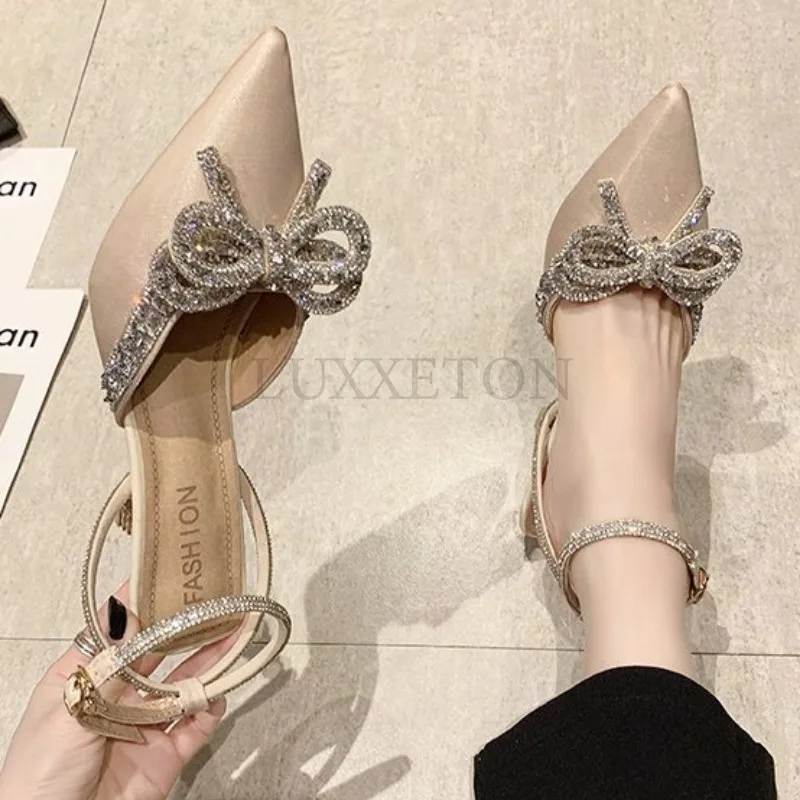 High Heeled Sandals Women Slim Heel Pointed Crystal Decoration Casual Wine Glass and One Line Buckle Strap Women Sandals