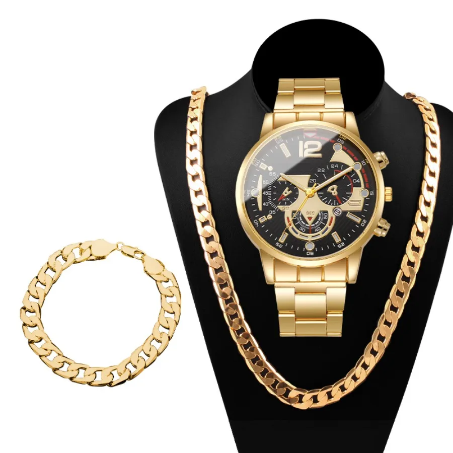 3PCS Fashion Men Business Watches Bracelet Necklace Set Luxury Steel Band Male's Analog Quartz Watch Reloj Hombre（Without Box）