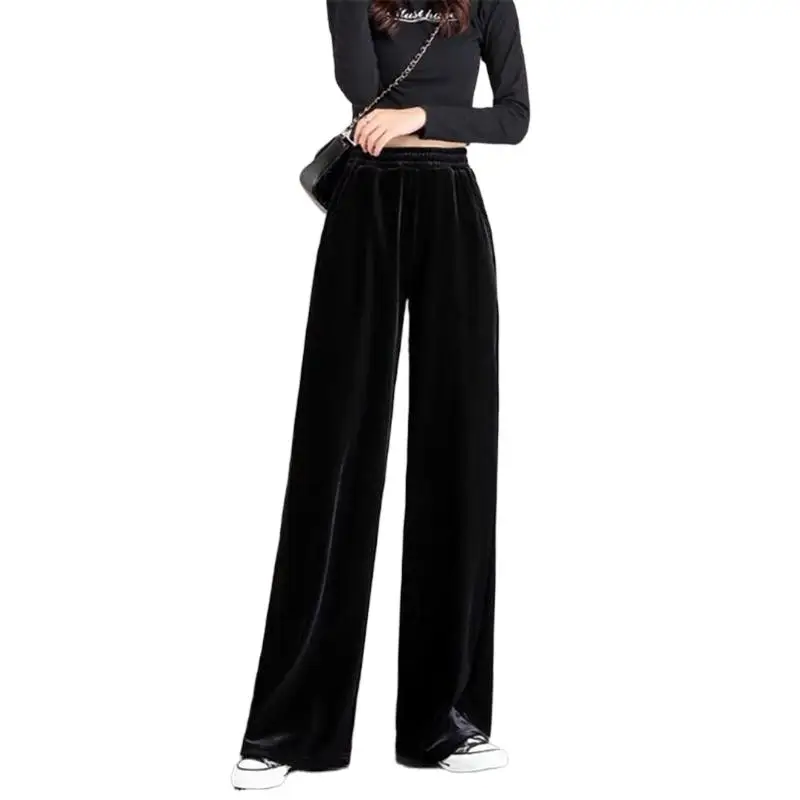 Fashion Women velvet Pant High Waist streetwear Loose casual long maxi Straight Leg velour Trousers Casual Pantalon Black Purple