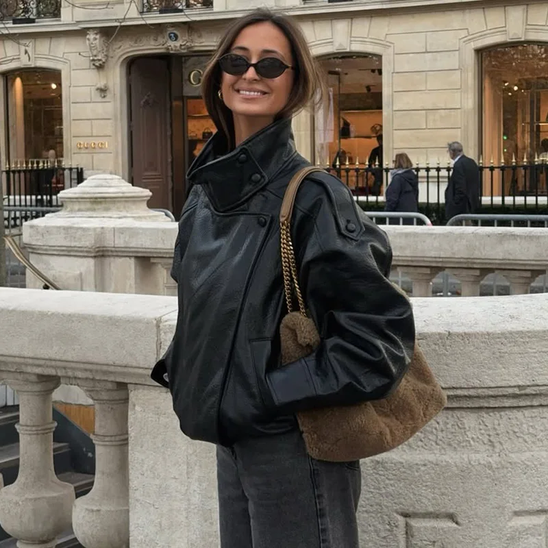 Ticketsx Fashion Leather Jackets Women Solid Lapel Button Zipper Patchwork Loose Coats Autumn Winter New Casual Streetwear Coats